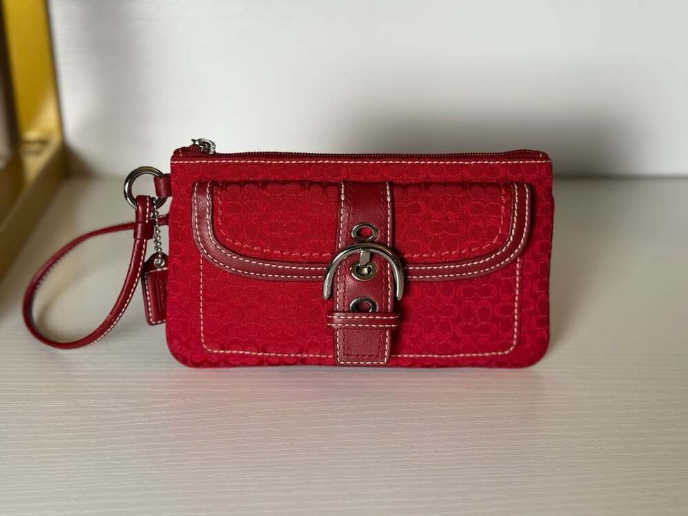 Coach Red Signature C Fabric and Leather Buckle Wristlet Pouch